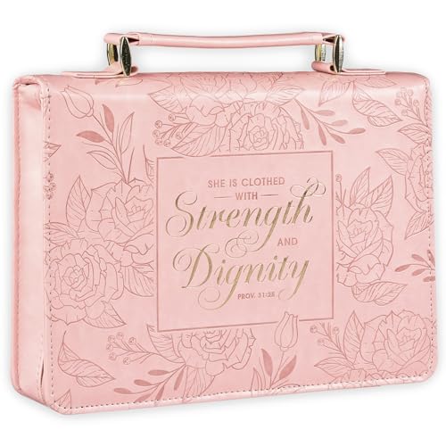Christian Art Gifts Premium Vegan Leather Fashion Floral Bible Cover for Women: Strength & Dignity - Prov. 31:25 Inspirational Scripture Verse Carry Case w/Pockets & Pen Storage, Pink & Gold, Large - size: Large