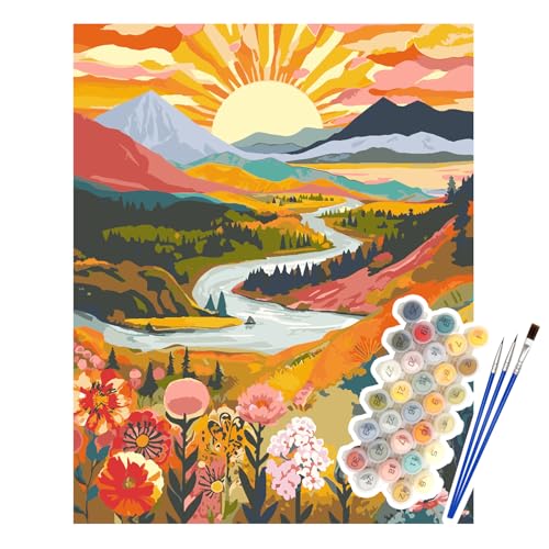 Sunrise Mountains Paint by Numbers for Adults, 16x20in DIY Landscape Kit | Painting Crafts Number Artist Paint Kits for Home Wall Decor Gift, Premium Acrylics Canvas & 3 Brushes in Relaxing Art Set - color: SZH2505