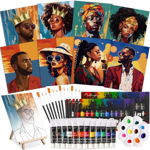 Cholemy 36 Pcs Paint and Sip Kit for Adults 8''x10'' Pre Drawn Canvas for Painting DIY Afro Acrylic Painting Kit Wood Easel Brushes Date Night Bulk for Summer 4th of July Party Gift(Black Women) - style: Black Women