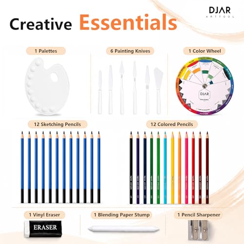 DJAR 87 Pcs Acrylic Paint Set with Tabletop Easel for Adults & Beginners | 24 Colors, Canvas, Brushes & Palette, Professional Art Supplies, Storage Box Ideal for Artists & Students - style: Tabletop Easel Set
