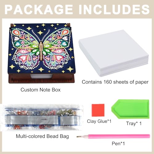 Diamond Painting Kit memo Box, Diamonds Art DIY Colorful Butterfly Patterns Sticky Note Box Special Shape Drill, with 160 Sticky Note, Ideal for Home Office Supplies, Handicrafts, Holiday Gifts - color: Colorful butterfly