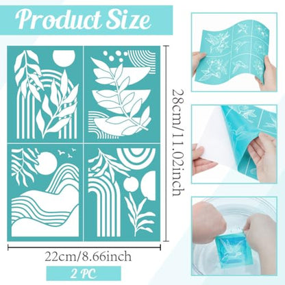 2 Sheets Botanical Silk Screen Stencil, Plant Mountian Moon Self-Adhesive Silk Screen Printing Stencils Abstract Reusable Mesh Stencil for Painting on Wall, Wood, T-Shirt, Home Craft Decor - style: Botanical