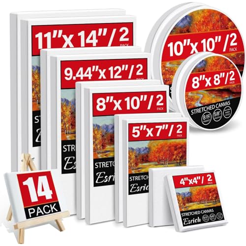 14 Packs Stretched Canvases for Painting, Multi Pack 11x14, 9.44x12, 8x10, 5x7, 4x4, Round Canvas with 8x8,10x10(2 of Each), Blank Primed Canvas, for Oil Paint, Acrylic Paint, for Beginners, Artists. - size: Multisize 14 Pack