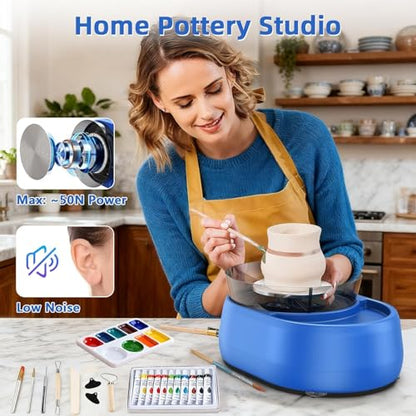 6 inch Home Pottery Wheel for Pottery Craft - Complete Pottery Kit for Beginners, Two-Way Rotation, 2.2lb Air Dry Clay, Arts and Crafts Sculpting Tools, Craft Gifts - color: Blue