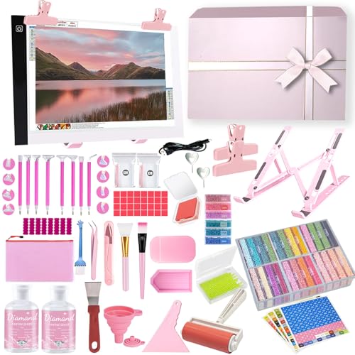 Qlonry 150 Pcs All Inclusive Diamond Painting Tool Kit Diamond Art Accessories Kit Including A4 LED Light Pad Kit,Bracket,Convex Point Design Storage Box,Painting Pen for DIY Craft - color: Pink, size: 01A4