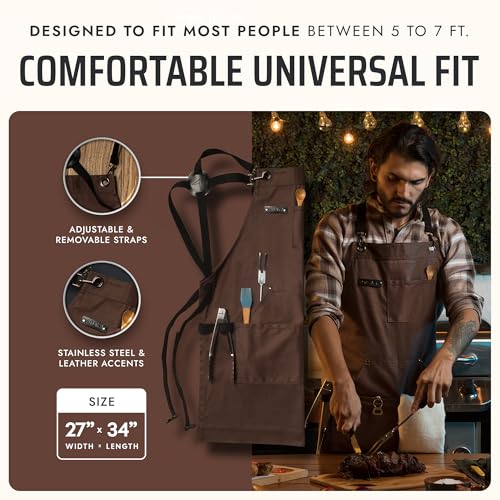 Asaya Chef and BBQ Apron with Bottle Opener and Hand Towel - 10oz Cotton Canvas, Stainless Steel Hardware - Cross Back Straps - color: Brown