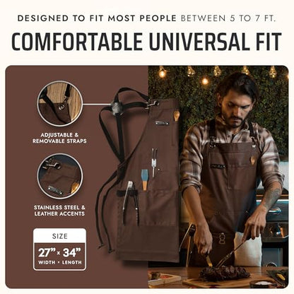 Asaya Chef and BBQ Apron with Bottle Opener and Hand Towel - 10oz Cotton Canvas, Stainless Steel Hardware - Cross Back Straps - color: Brown