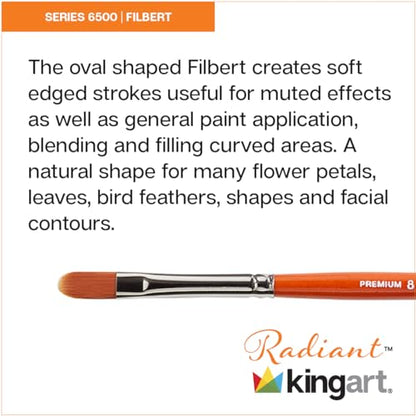 KINGART Premium Radiant 6500-6 Filbert Series Artist Brush, Synthetic Taklon Hair, Short Handle, Acrylic, Oil and Watercolor Painting, Size 6 - size: 6