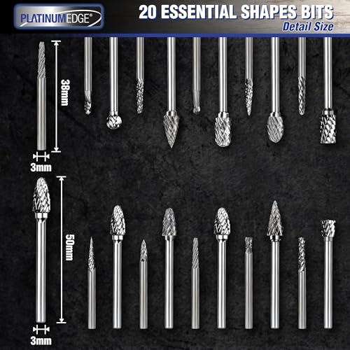 PLATINUMEDGE 20-Piece Carbide Burr Set, Double Cut Tungsten Carbide Rotary Bits with 1/8" Shank – High-Speed Metal Grinding, Carving, Polishing & Engraving for Wood, Stone, Steel, Plastic