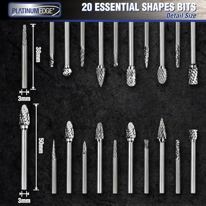 PLATINUMEDGE 20-Piece Carbide Burr Set, Double Cut Tungsten Carbide Rotary Bits with 1/8" Shank – High-Speed Metal Grinding, Carving, Polishing & Engraving for Wood, Stone, Steel, Plastic