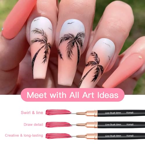Komall Metallic Nail Art Brushes, 5Pcs Liner Brush Set, UV Gel Polish Painting Art Design Pen for Long Lines, Thin Details, Fine Drawing Sizes 4/8/12/20/25mm(Black) - color: Black