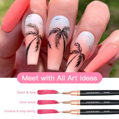 Komall Metallic Nail Art Brushes, 5Pcs Liner Brush Set, UV Gel Polish Painting Art Design Pen for Long Lines, Thin Details, Fine Drawing Sizes 4/8/12/20/25mm(Black) - color: Black