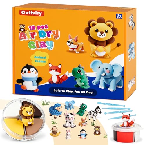 Air Dry Clay Kit for Kids, 12 Animal Crafts Modeling Clay Model Magic, Clay Kits with Sculpting Tools & Tutorials, Safe & Non-Stick DIY Art Crafts, Toys Gift for Ages 3-12 Boys & Girls - color: Clay animals Kit