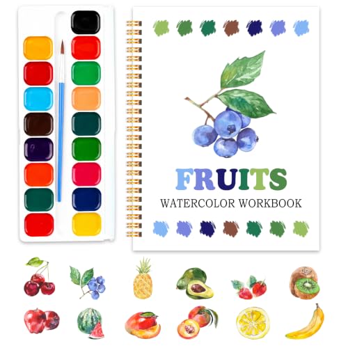 Easy Fruit-Themed Watercolor Workbook for Beginners, Water Coloring Book, 12 Different Patterns of DIY Designs, 18 Colors Watercolor Paint Set, Stress Relieving Relaxing Art Gift for Adulta Teen - color: fruit