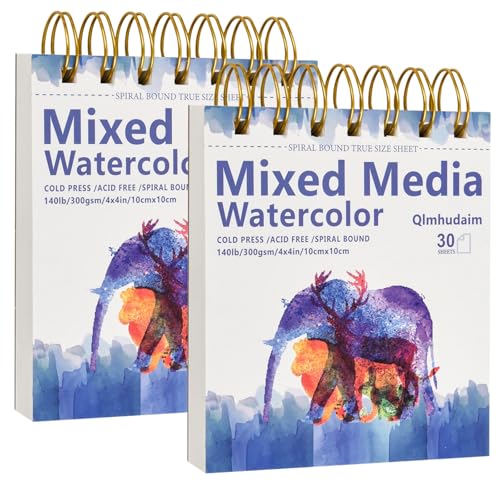 2-Pack Mixed Media Sketchbook 4" x4”| 30 Sheets 140lb/300g,Spiral - Bound with Tear - Line| Artist-Grade for Water Color Paper/Sketch Book |A Compact Watercolor Paper,Sized Exercises or Travel - size: 4 x 4 Inches (2 pack)