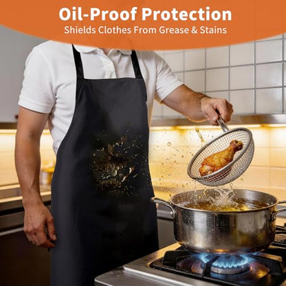 SHEOMERN Aprons for Men Kitchen Cooking – Waterproof & Oil Proof 3-Layer Long Pocket-Free Chef Apron for Grilling BBQ Baking – Gift for Men - color: Black