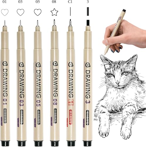 Black Fineliners Set of 6 – Waterproof Pigment Pens for Mandala Art, Calligraphy, Doodling, Architecture, Sketching, Writing & Outlining for Artists & Professionals