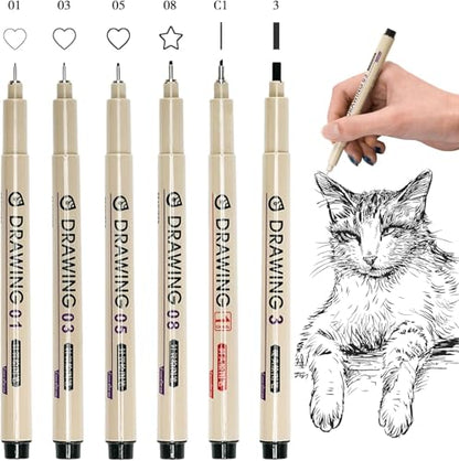 Black Fineliners Set of 6 – Waterproof Pigment Pens for Mandala Art, Calligraphy, Doodling, Architecture, Sketching, Writing & Outlining for Artists & Professionals