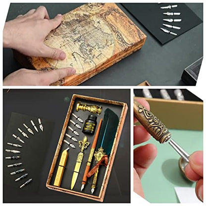 Joyeee Quill Pen Calligraphy Pen Set, Feather Dip Pen Set with Wood Dip Pen, 17 Different Size Comic Pen Nibs, Metal Sealing Wax Stamp and Dip Pen Holder, Wax Seal Sticks, Black Ink, Navy Blue - color: #109 Navy blue