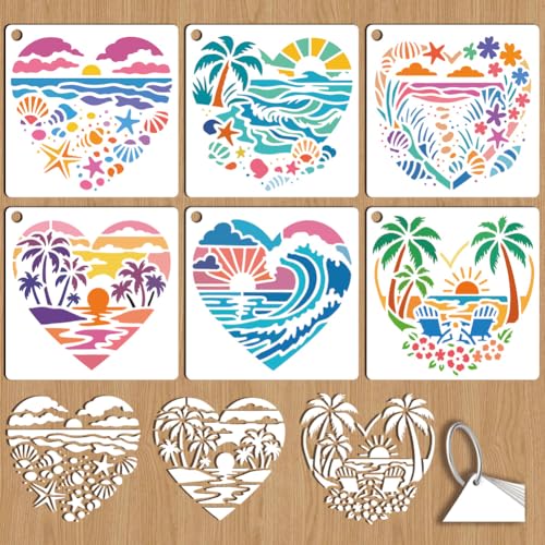 6 Sheets Love Beach Stencils for Painting, 6 Styles Palm Tree Shell Sunset Waves Wall Stencil Template Reusable Summer Coast Theme Stencils for Painting on Wall Wood Home Decor - style: Love Beach