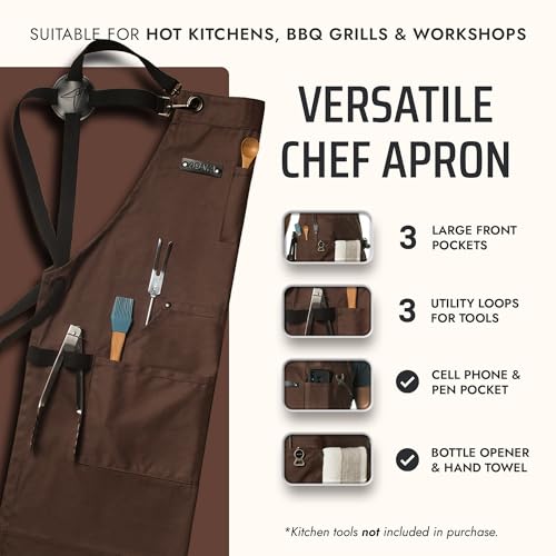 Asaya Chef and BBQ Apron with Bottle Opener and Hand Towel - 10oz Cotton Canvas, Stainless Steel Hardware - Cross Back Straps - color: Brown
