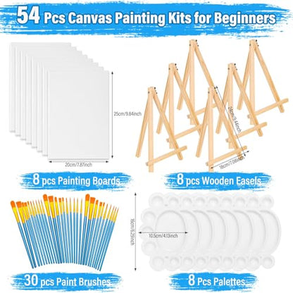 54 Pack Canvas with Easel Set 8 x 10 Inch Canvas Boards with Wooden Easels, Paint Brushes Canvas Panel Painting Kit for Acrylic Oil Watercolor Beginners Art Crafts Sip and Paint Party - color: Canvas and Easel Set