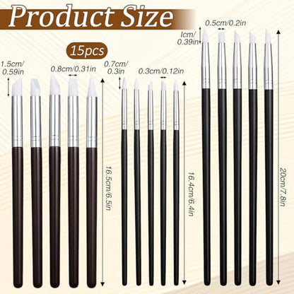 15pcs Silicone Brushes for Crafts Set, 5Shapes Silicone Paint Brushes for Crafts Pottery Clay Nail Art(0.11", 0.20", 0.31" Heads)