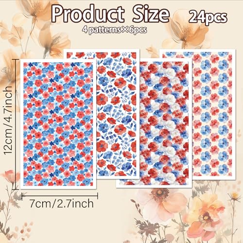 OLYCRAFT 24Pcs Independence Day Clay Transfer Paper 4 Styles Transfer Paper for Polymer Red Blue Flower Polymer Clay Transfer Sheets Floral Transfer Paper for Clay Earrings Jewelry Making - style: Independence Day
