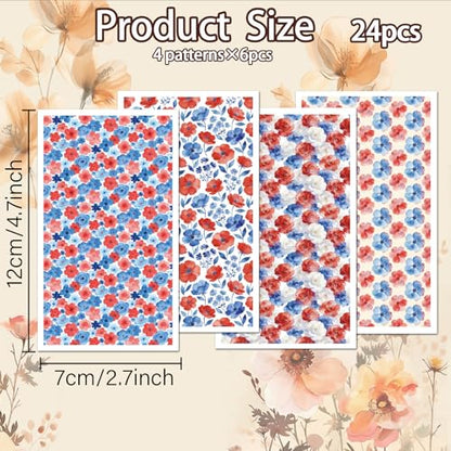OLYCRAFT 24Pcs Independence Day Clay Transfer Paper 4 Styles Transfer Paper for Polymer Red Blue Flower Polymer Clay Transfer Sheets Floral Transfer Paper for Clay Earrings Jewelry Making - style: Independence Day