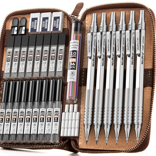 Nicpro 33PCS Metal Mechanical Pencil Set in Leather Case, Art Drafting Pencil 0.3, 0.5, 0.7, 0.9 mm, 2mm Lead Pencil Holders for Sketching Drawing With 18 Tube (6B 4B 2B HB 2H 4H Colors) Lead Refills - color: Silver, size: 33pcs