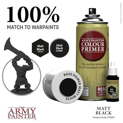 The Army Painter, Base Primer Matt Black, 400 mL Acrylic Spray Primer, Spray Paint Basecoat for Miniature Priming, Tabletop Roleplaying, Boardgames, and Wargames modelling - color: Matt Black