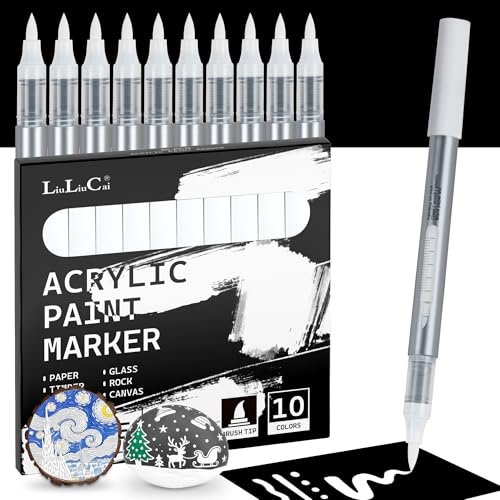 LIULIUCAI 10 Pcs White Acrylic Paint Markers, Direct Liquid White Paint Pens for Black Paper Highlights, Brush Tip Markers for Rock Painting, Wood, Stone, Canvas, Glass, Fabric, Egg, DIY Art Crafts - color: 10 White