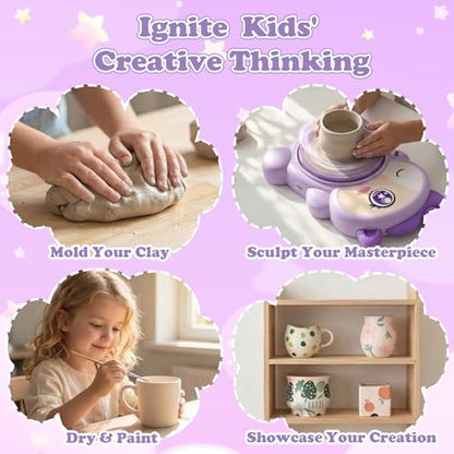 Unicorn Pottery Wheel for Kids,Pottery Wheel Arts and Crafts Kit with 2 Pack Air Dry Clay,Painting Tools & DIY Bracelet Making Supplies,Pottery Kit for Girls & Boys Age 6-14,Christmas & Birthday Gifts