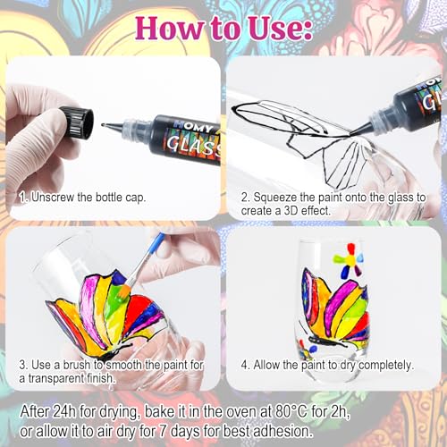 HOMY ARTY Glass Paint 20 Colors (1 fl oz Each) with 3 Brushes, Permanent No-Bake Acrylic Enamel Paint, Waterproof Stained Glass Paints, for Glass Painting, Ceramics, Light Bulbs and Windows