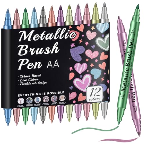 Prudiut 12 Pack Metallic Markers, Dual Tip Metallic Paint Pens, Water Based Acrylic Markers for Black Paper & Rock Painting, Scrapbooking Supplies, Marker Set for Glass, Wood - color: 12 Colors(Dual Tip)