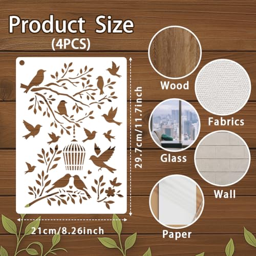 4 Sheets Bird Branches Stencils for Painting, 4 Styles Large Reusable Birds on Tree Drawing Template Birdcage Tree Silhouette Templates for Painting on Canvas Wood Wall Home Decor - style: Bird Branches