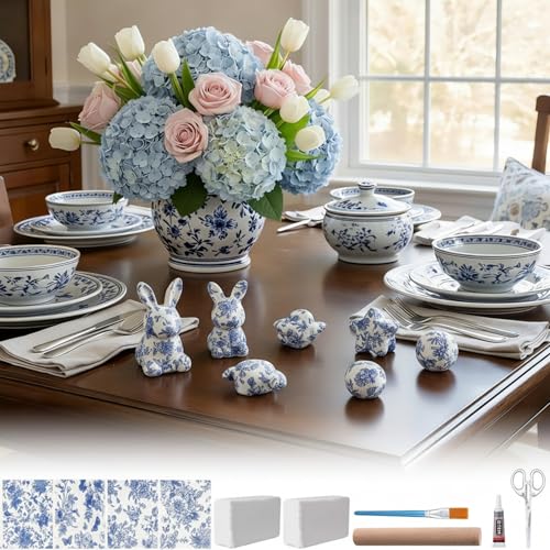 Jenaai 48 Pcs Chinoiserie Blue White Floral Clay DIY Kit, Clear Plastic Tray Craft Set Storage for Jewelry, Keys, Family Home Decor Gifts Include 40 Decoupage Napkins 2 Clear Tray 2 Clay