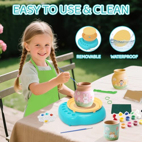 Cmiolacuna Pottery Wheel for Kids, Complete Kit with Air-Dry Clay，Ages 8-12 | Beginner pottery kit with air-dry clay, 12 paints, clay tools and apron - no kiln needed, screen-free craft gift ages 8-12 - color: Blue