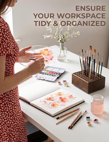 DUGATO Wooden Brush Holder, 59 Hole Desk Organizer with Rest Groove | Tabletop Stand for Paint Brushes, Pencils, Pens & Art Supplies, Built-In Drying Rest, Studio Desktop Rack