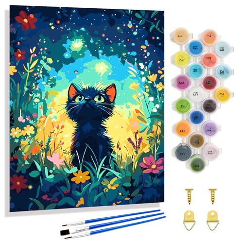 Yunnuo Black Cat Paint by Numbers Kit for Adults Beginner,16x20 inch Canvas Paint by Number Kits with 3 Brushes,Starry Night Cat Number Painting for Adults,Perfect for Home Decor and Gift - color: A-005-Flower Cat