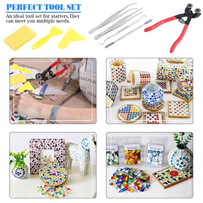 Glarks 8 Pieces Mosaic Tools Set, Heavy Duty Double Wheeled Glass Mosaic Tile Cut Nippers with Scrapers, Tweezers, Double-Ended Hook, Spatula, Sponge
