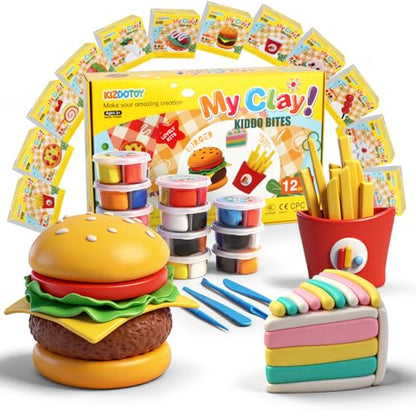Food Clay Kit for Kids – 12 Mini Food Themes: Pizza, Burger, Fries & More | Air Dry Modeling Set with Tools & Tutorials | Non-Sticky | Creative Gift for Boys Girls 3+