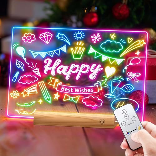 LED Drawing Board with Remote Control,Rechargeable Glow Doodle Light Up Drawing Tablet,9 Colors & 2 Modes Dry Erase Neon Led Note Board for Decor & Message,Birthday Gift,Wood Grain - color: Wood Grain