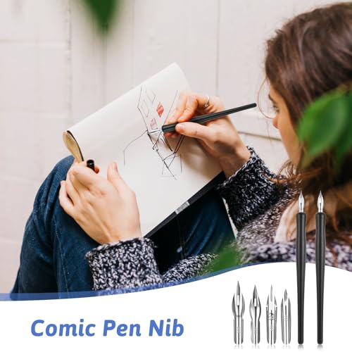 14 Pcs Dip Pen Set Comic Pen Nib Set 12 Stainless Steel Pens Nibs with 2 Wooden Drawing Pens Holder G-Pen Ink Nib for Calligraphy, Comics, Signatures, Drawings (Black)