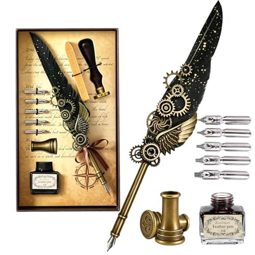 Joyeee Feather Pens for Writing, Vintage Classic Series Black Goose Quill, Black Dip Ink, Replacement Nibs, Sealing Wax Stick, Wax Stamp with Wooden Handle for Beginners and Calligraphy Enthusiasts - color: Black Feather Pen Set