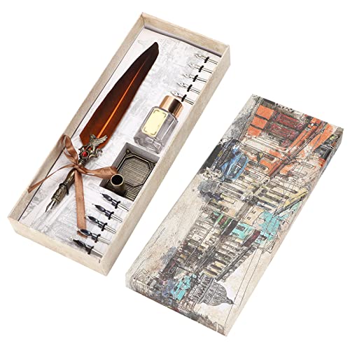 Vintage Pen Set, Retro Writing Kit with Stainless Steel Nibs and Glass Ink Bottle, Complete Calligraphy Gift Box for Teachers Lovers Classmates (Brown) - color: Brown