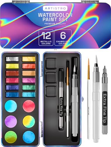 ARTISTRO 18 Metallic Color Watercolor Paint Set - Portable Paint Art Kit with Palette and Brush Pens - Travel Water Color Set for Adults, Professionals, Kids - Art and Painting Supplies - Gift Idea - style: 18 colors Portable Travel