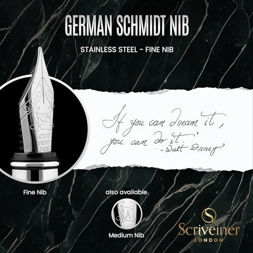 Scriveiner Black Green Fountain Pen - Stunning Luxury Pen with Chrome Finish, Schmidt Nib (Fine), Best Pen Gift Set for Men & Women, Professional, Executive, Office, Nice Pens - color: 13. Very Dark Black Green with Chrome, style: Fine Nib