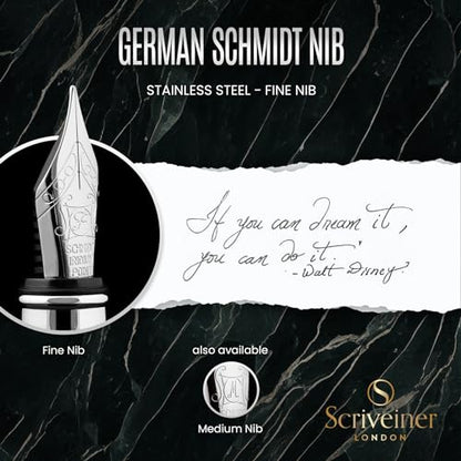 Scriveiner Black Green Fountain Pen - Stunning Luxury Pen with Chrome Finish, Schmidt Nib (Fine), Best Pen Gift Set for Men & Women, Professional, Executive, Office, Nice Pens - color: 13. Very Dark Black Green with Chrome, style: Fine Nib