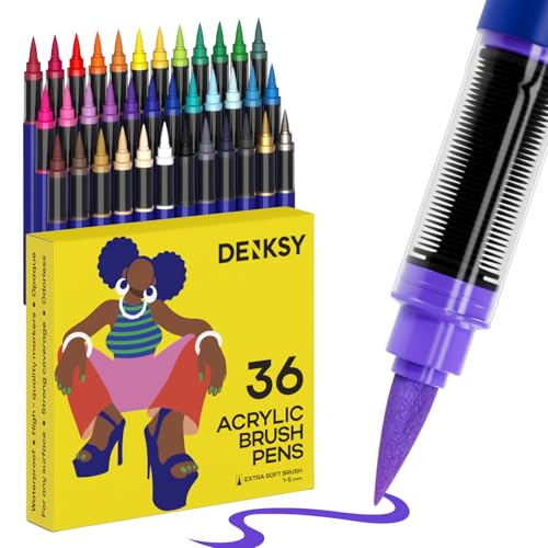 36 Acrylic Paint Markers Brush Tip | Water-based Acrylic Markers Set | Waterproof Acrylic Paint Pens for Rock Painting, Canvas, Glass, Wood, Ceramic, DIY Crafts, Fabric, School & Art Supplies